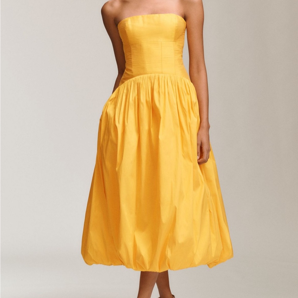 Anthropologie Strapless Yellow Midi Dress with Gathered Skirt